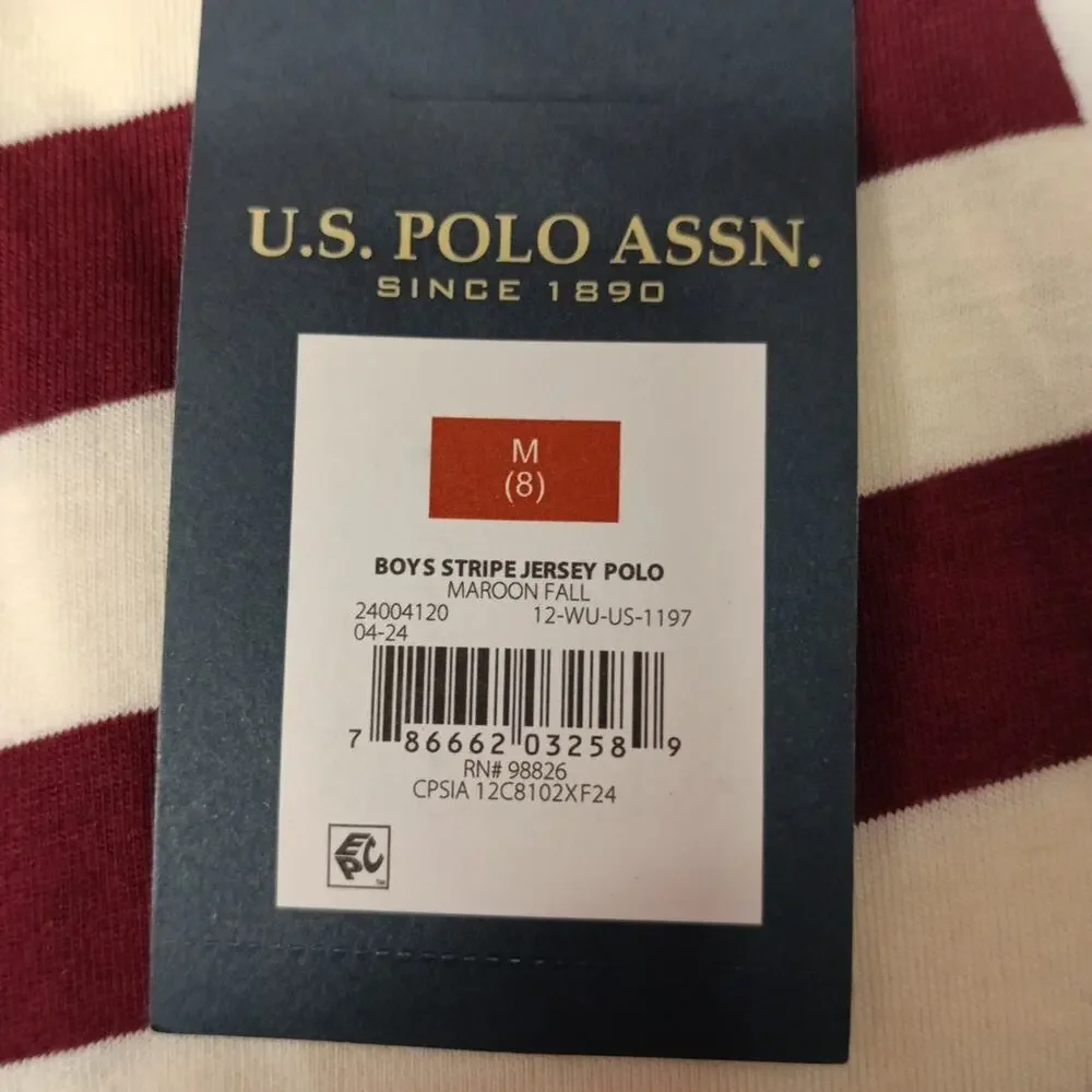 U.S. Polo‎ Assn. Boys Striped Jersey Polo Shirt M (8) Maroon Fall 100% Cotton